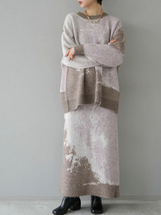 [SET] Mohair touch nuance pattern knit pullover + Mohair touch nuance pattern knit skirt (2 sets)