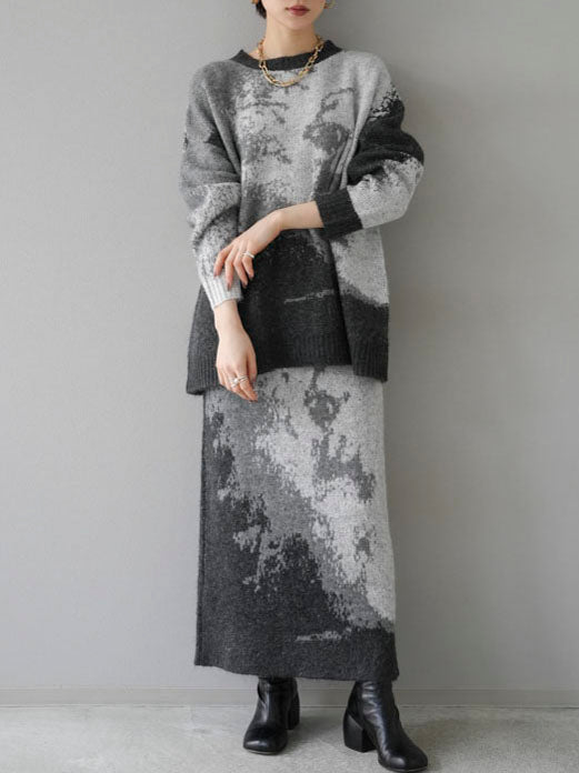 [SET] Mohair touch nuance pattern knit pullover + Mohair touch nuance pattern knit skirt (2 sets)