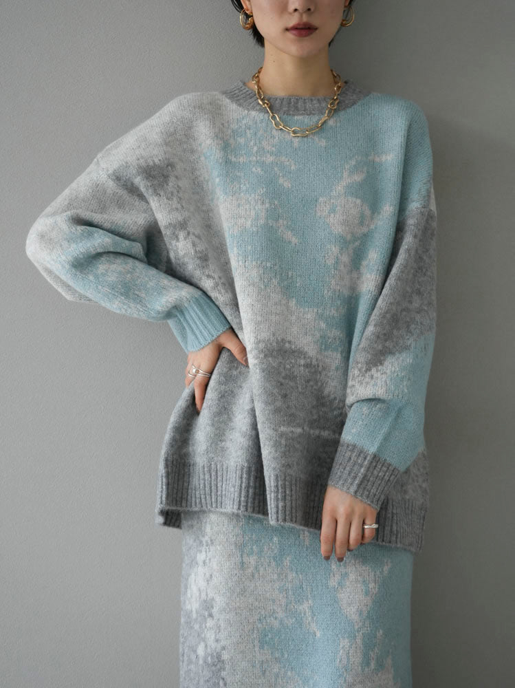 [SET] Mohair touch nuance pattern knit pullover + Mohair touch nuance pattern knit skirt (2 sets)