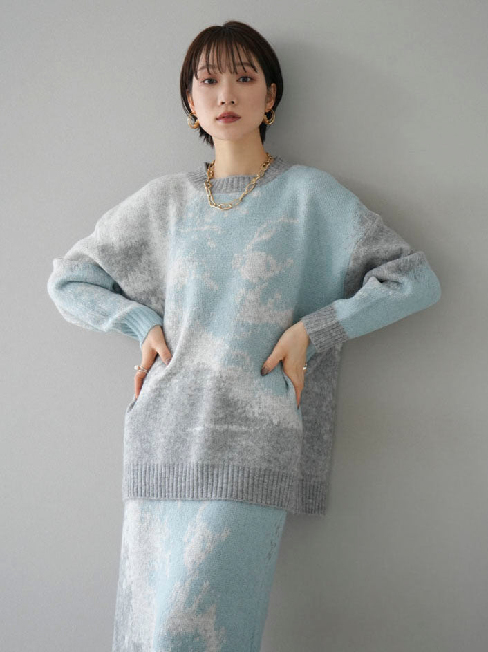 [SET] Mohair touch nuance pattern knit pullover + Mohair touch nuance pattern knit skirt (2 sets)