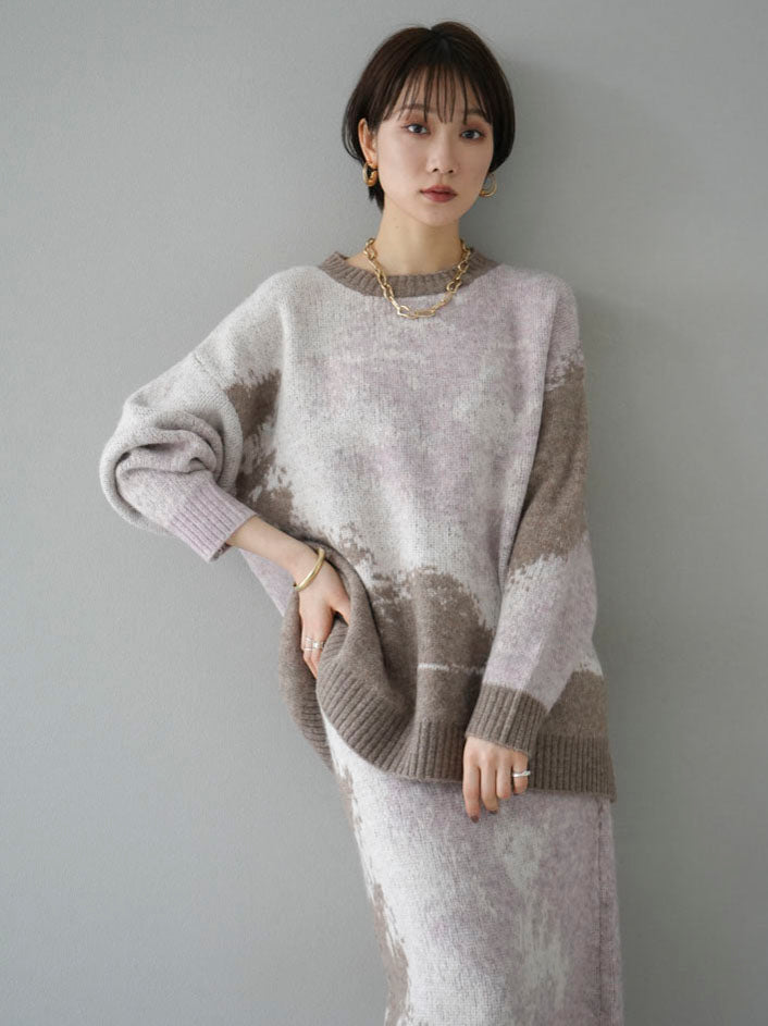 [SET] Mohair touch nuance pattern knit pullover + Mohair touch nuance pattern knit skirt (2 sets)