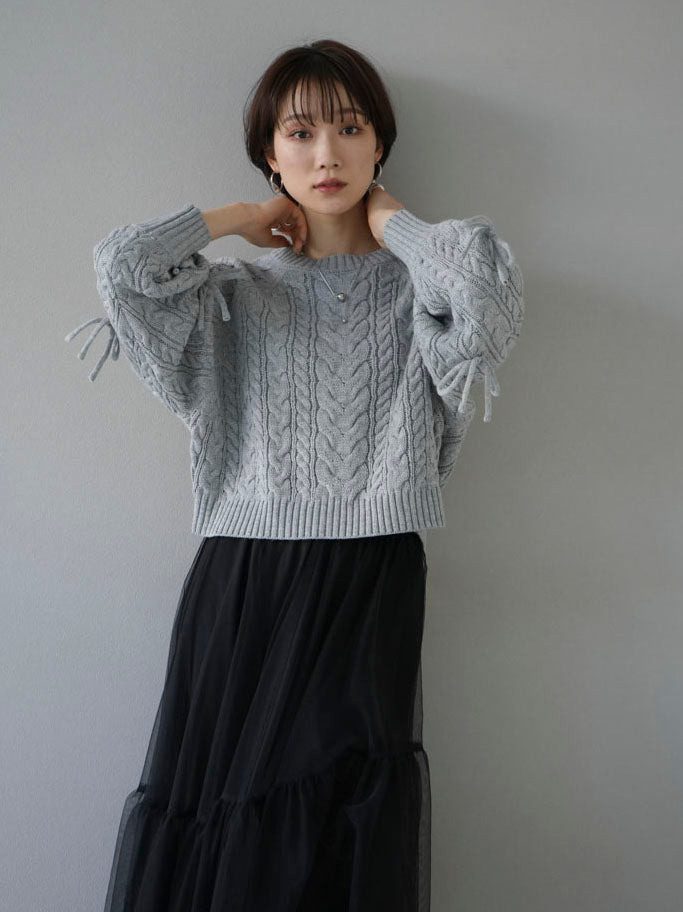[SET] Sleeve ribbon cable knit cropped knit + tulle tiered skirt (2set)