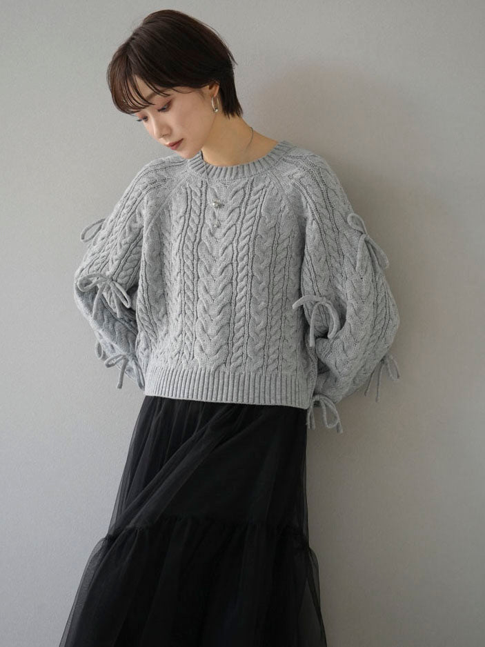 [SET] Sleeve ribbon cable knit cropped knit + tulle tiered skirt (2set)