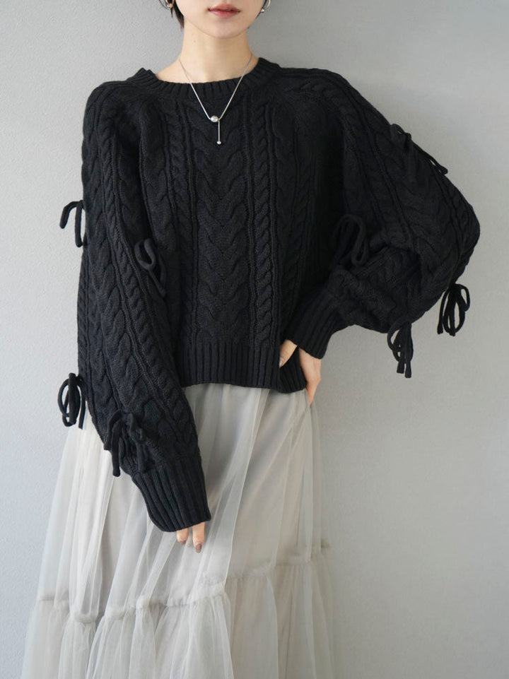 [SET] Sleeve ribbon cable knit cropped knit + tulle tiered skirt (2set)