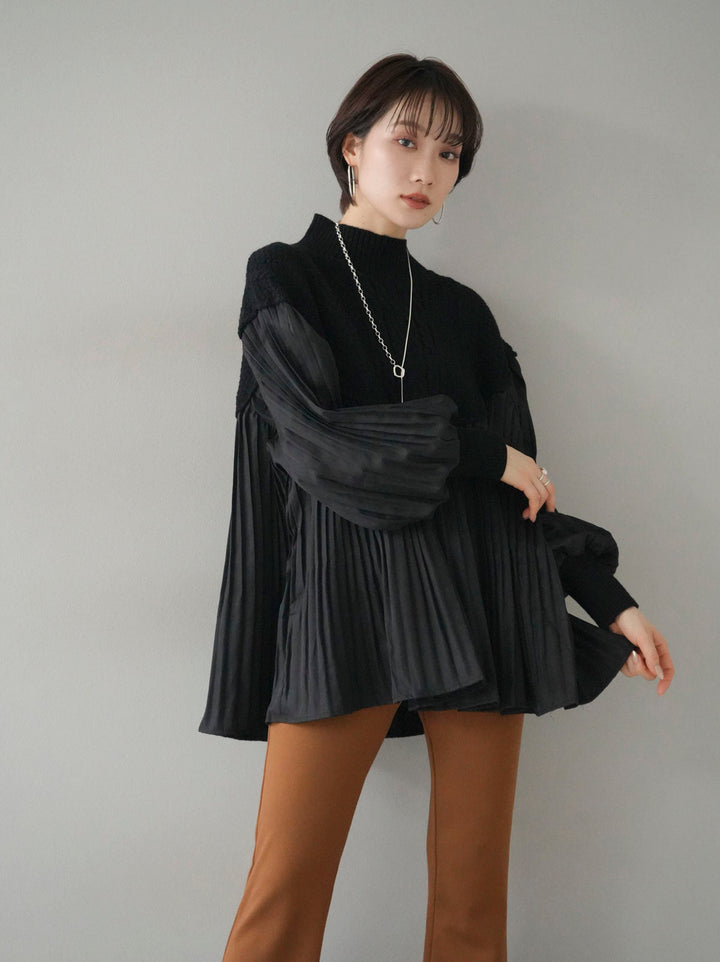 [SET] Pleated blouse docking high neck knit pullover + choice of necklace (2 sets)