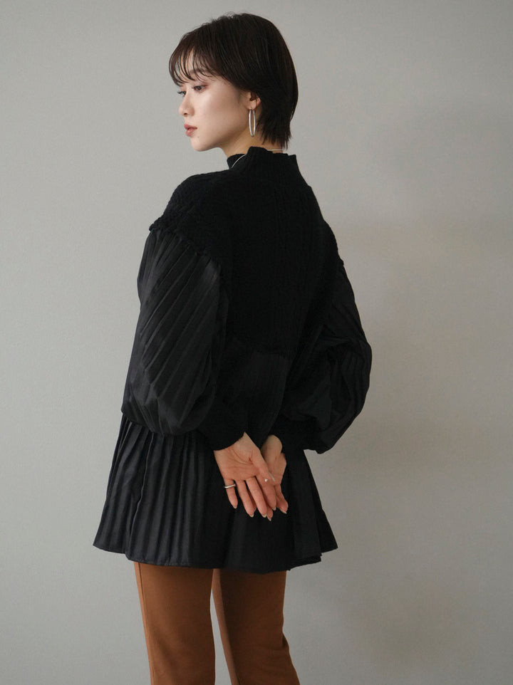 [SET] Pleated blouse docking high neck knit pullover + easy flare warm slit pants (2set)