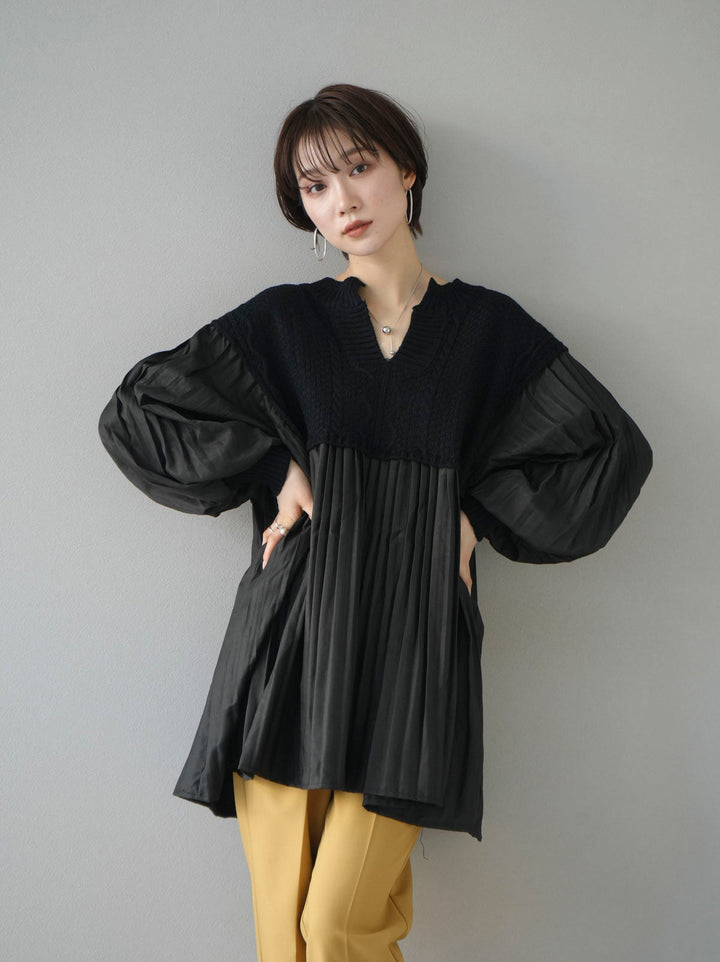 [SET] Pleated blouse docking key neck knit pullover + choice of necklace (2 sets)