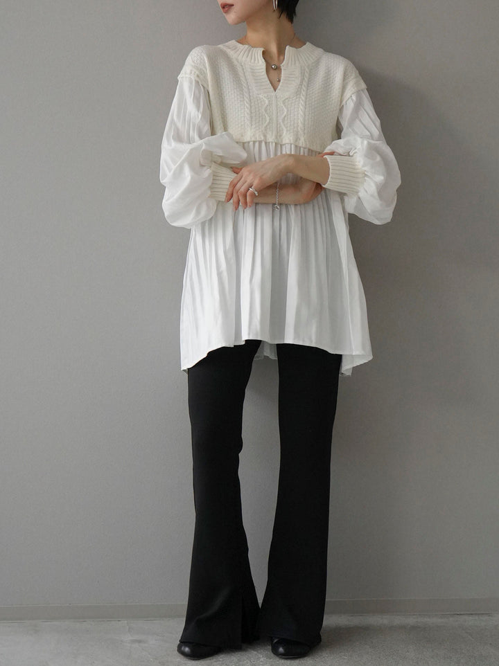 [SET] Pleated blouse docking key neck knit pullover + easy flare warm slit pants (2set)