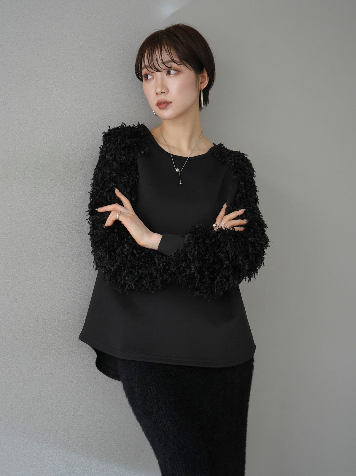 [SET] Shaggy switching ponte pullover + shaggy knit tight skirt (2set)