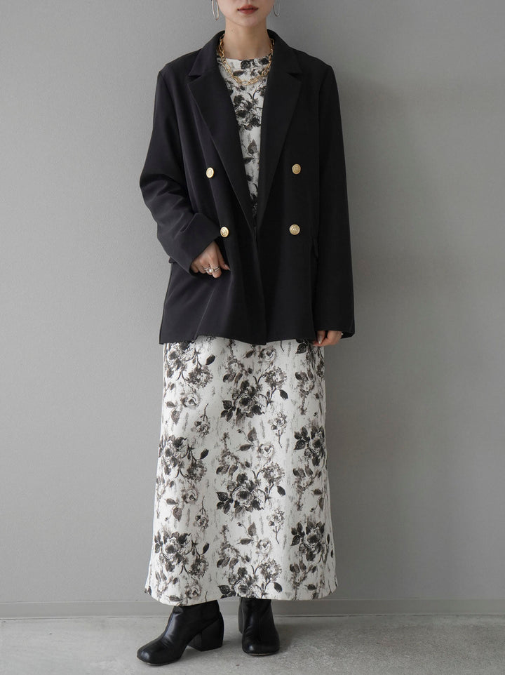 [SET] Flower print narrow long dress + gold button double jacket (2set)