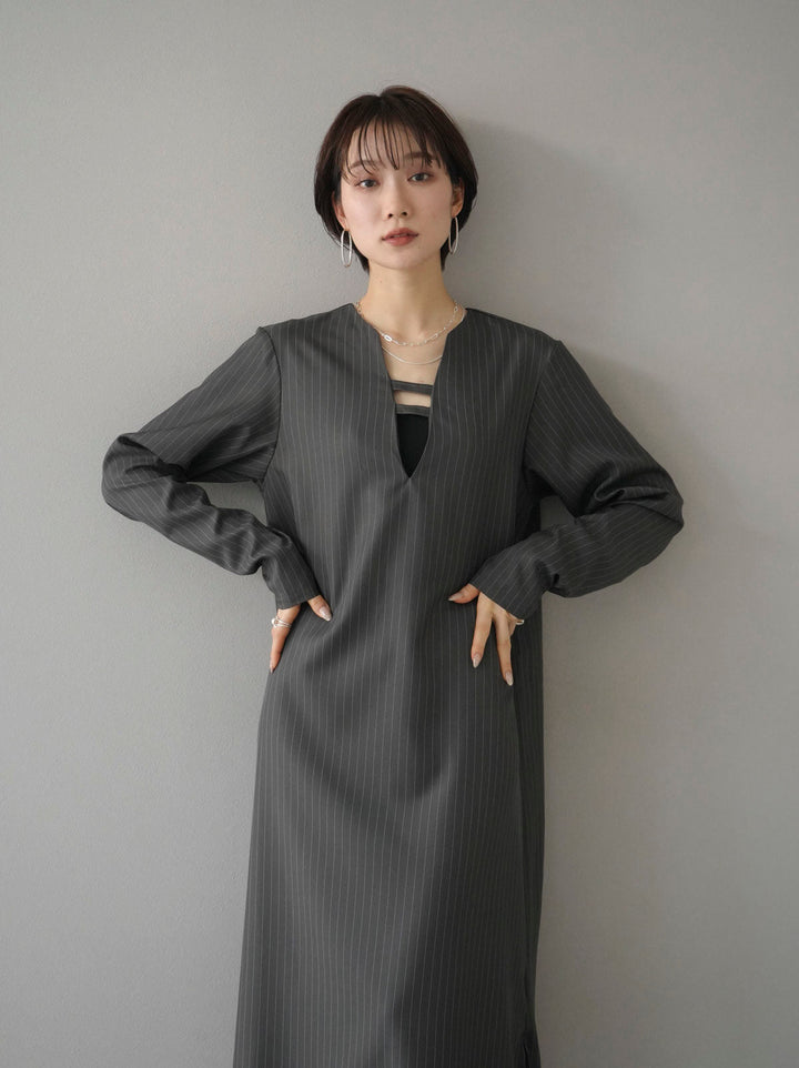 [SET] Pinstripe V-neck dress + Pinstripe V-neck dress (2set)