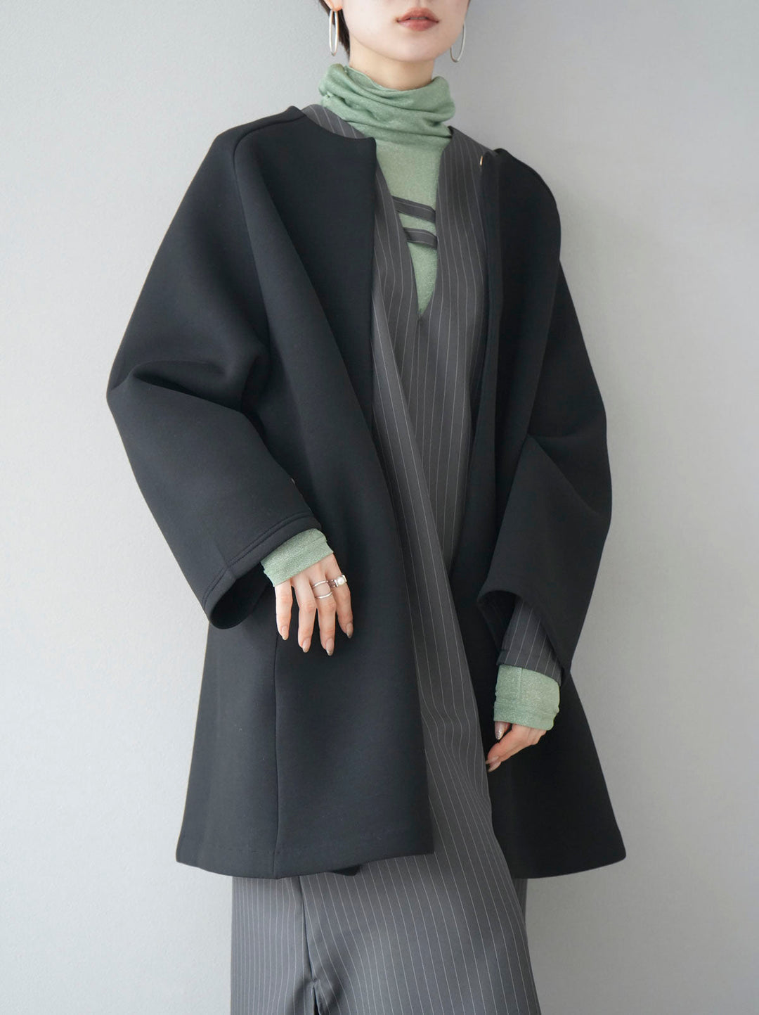 [SET] Pinstripe V-neck dress + glitter turtleneck sheer top + pearl design ponte jacket (3 sets)