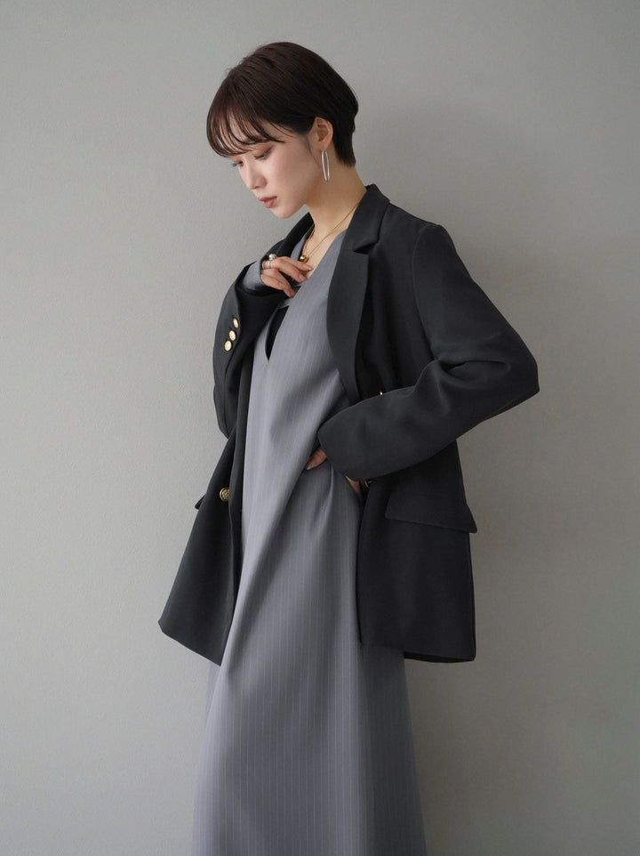 【SET】細條紋V領連身裙+金紐扣雙層夾克（2套）