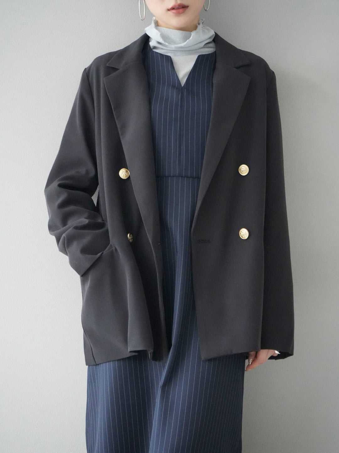 [SET] Pinstripe cape design dress + gold button double jacket (2set)