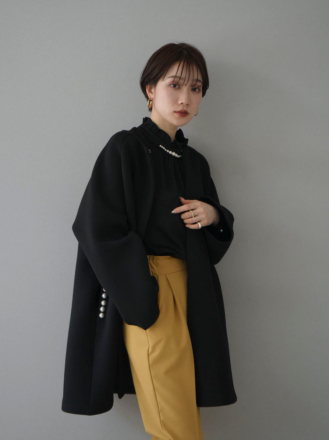 [SET] Pearl design ponte jacket + pearl neck frill blouse + easy tapered pants (3 sets)