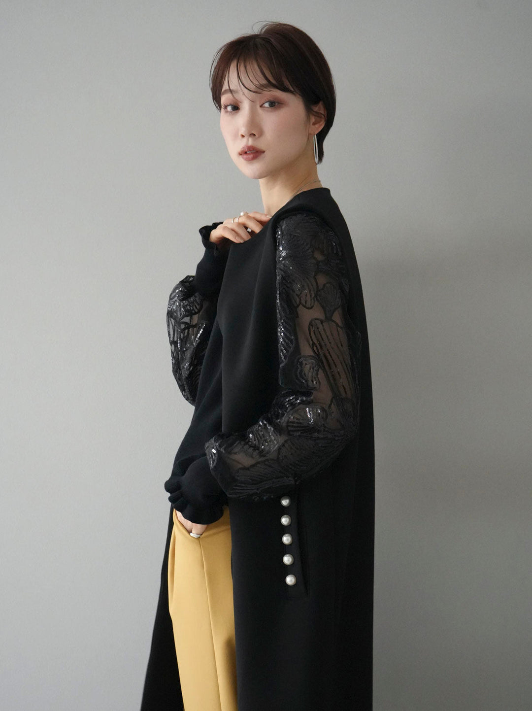 [SET] 珍珠設計雙羅紋長馬甲 + 亮片透明袖針織上衣 (2set)