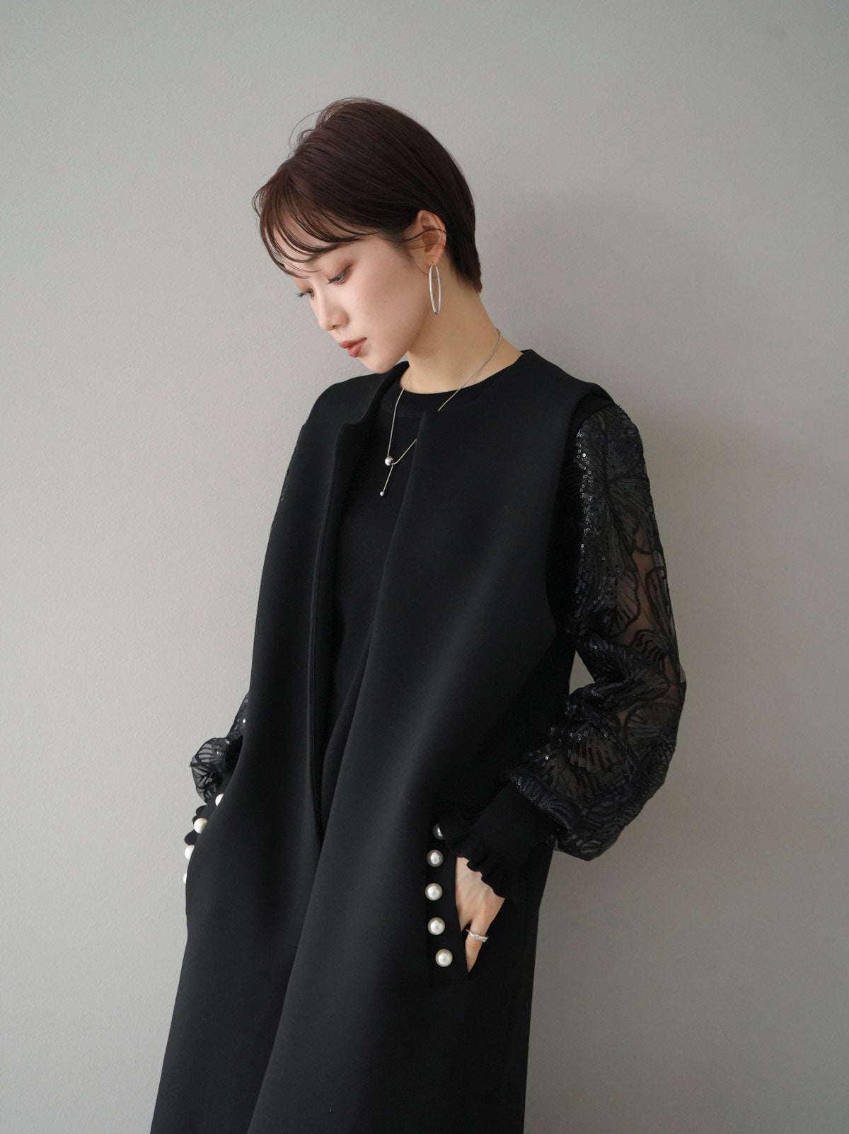 SET]パールデザインポンチロングジレ+スパンコールシアー