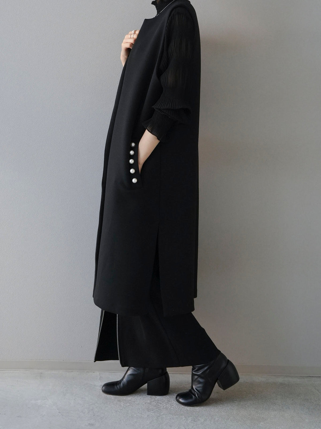 [SET] Pearl design ponte long gilet + shirred chiffon blouse + front zip knit tight skirt (3set)