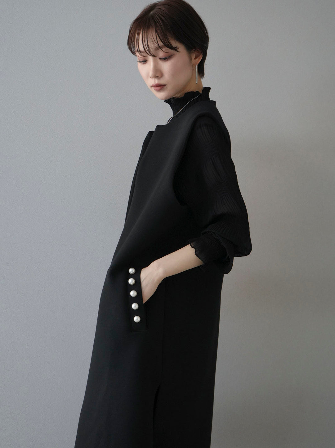 [SET] Pearl design ponte long gilet + shirred chiffon blouse + front zip knit tight skirt (3set)