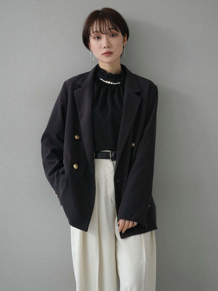 [SET] Gold button double jacket + pearl neck frill blouse + double tuck wide pants (3 sets)