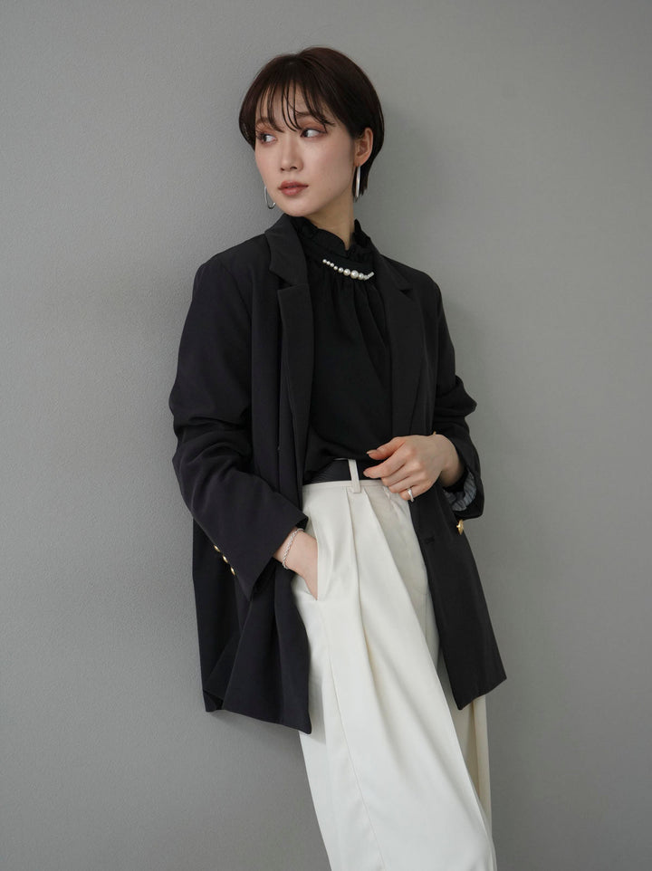 [SET] Gold button double jacket + pearl neck frill blouse + double tuck wide pants (3 sets)