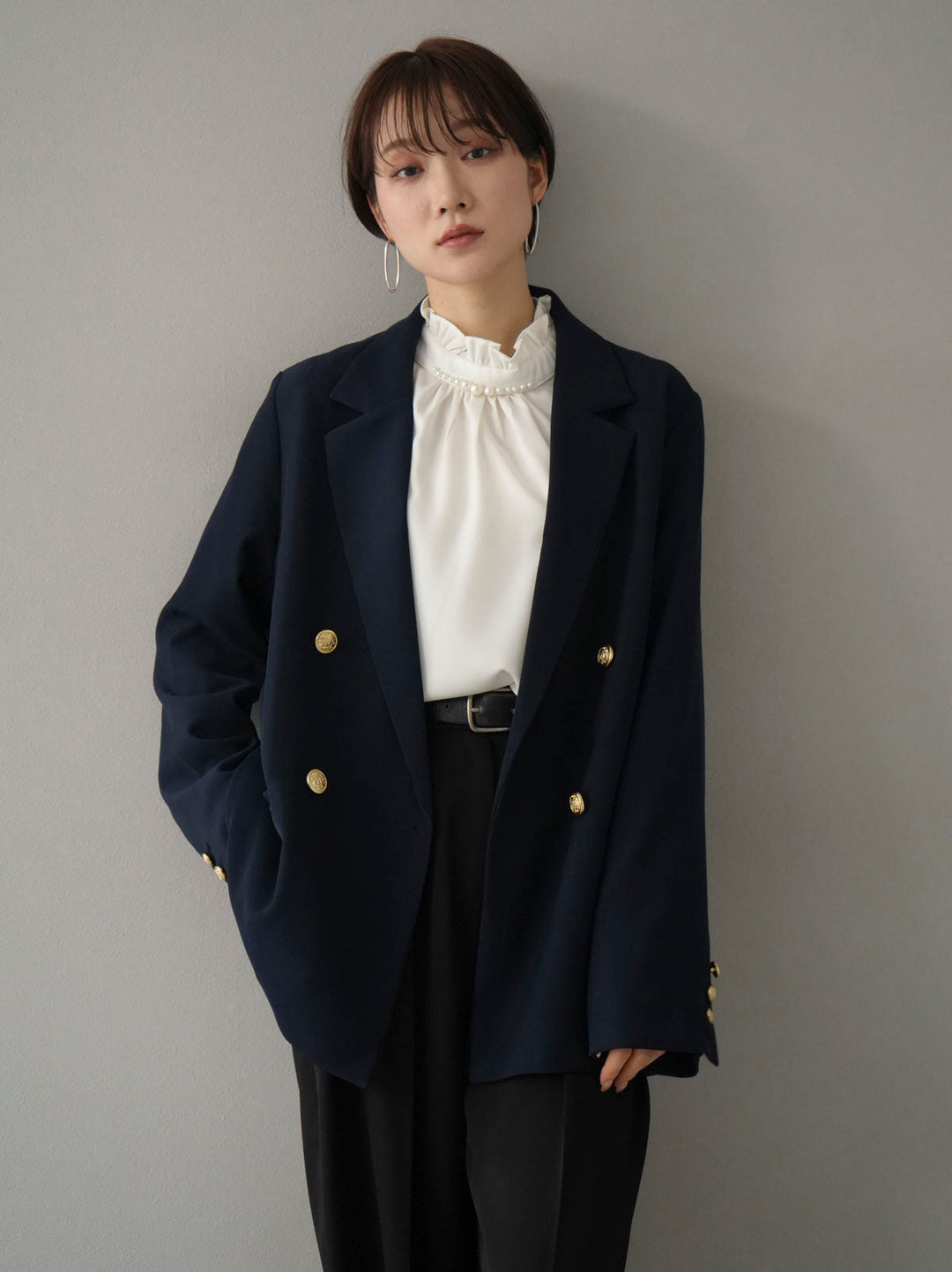 [SET] Gold button double jacket + pearl neck frill blouse + double tuck wide pants (3 sets)