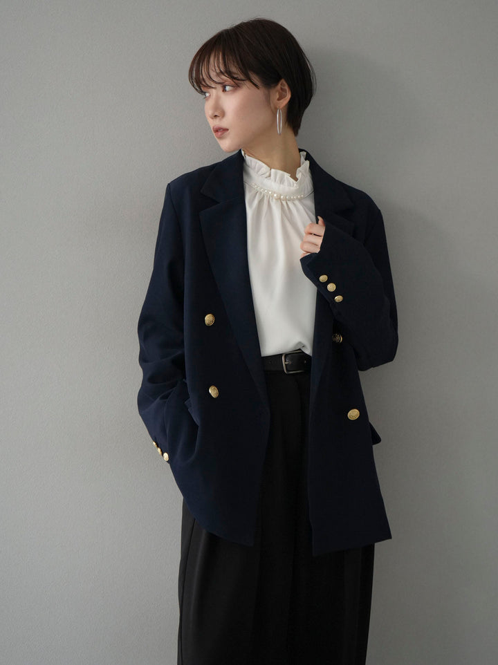 [SET] Gold button double jacket + pearl neck frill blouse + double tuck wide pants (3 sets)