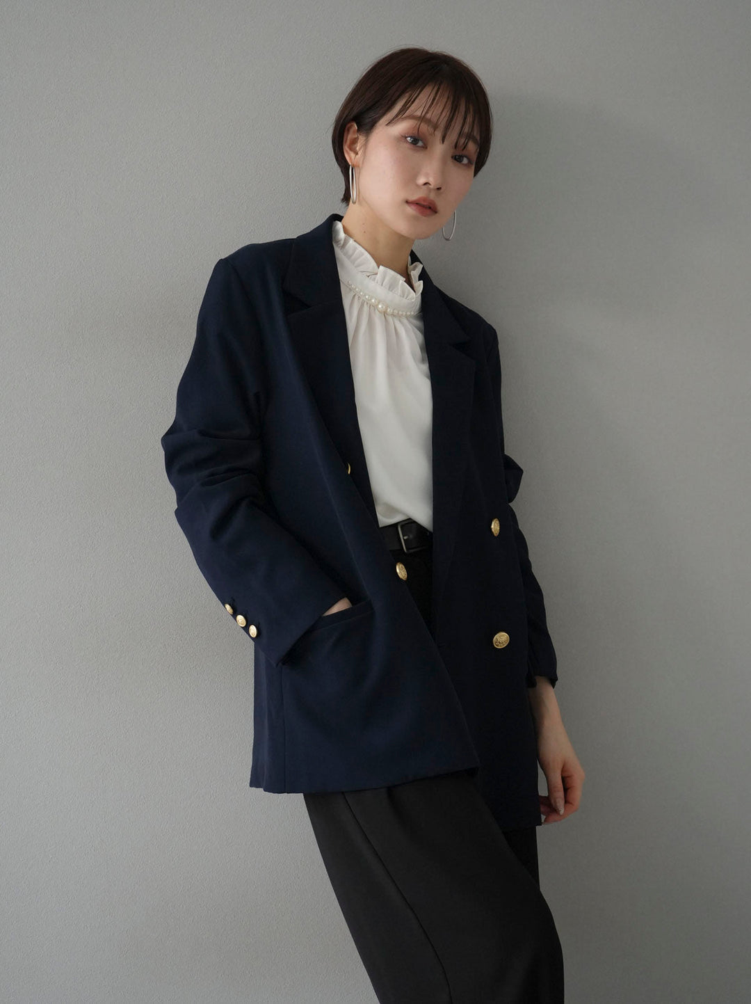 [SET] Gold button double jacket + pearl neck frill blouse + double tuck wide pants (3 sets)