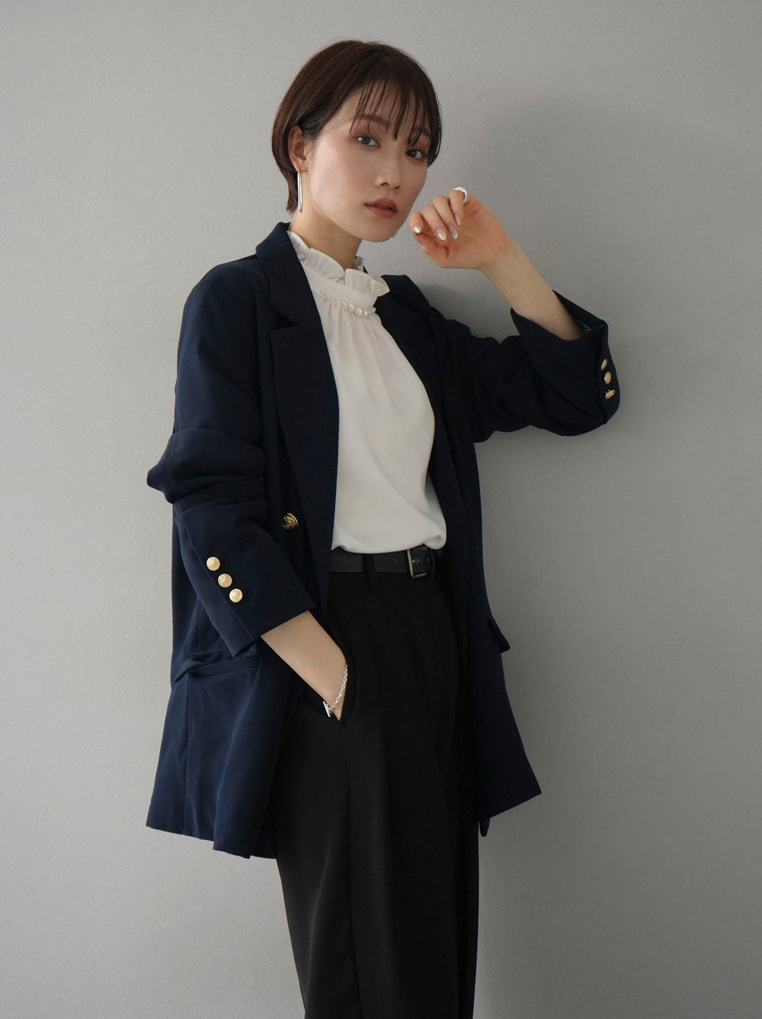 [SET] Gold button double jacket + pearl neck frill blouse + double tuck wide pants (3 sets)