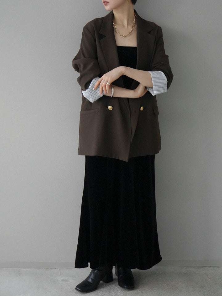 [SET] Gold button double jacket + front slit velvet camisole dress (2set)