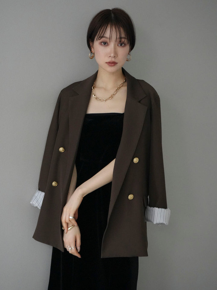 [SET] Gold button double jacket + front slit velvet camisole dress (2set)