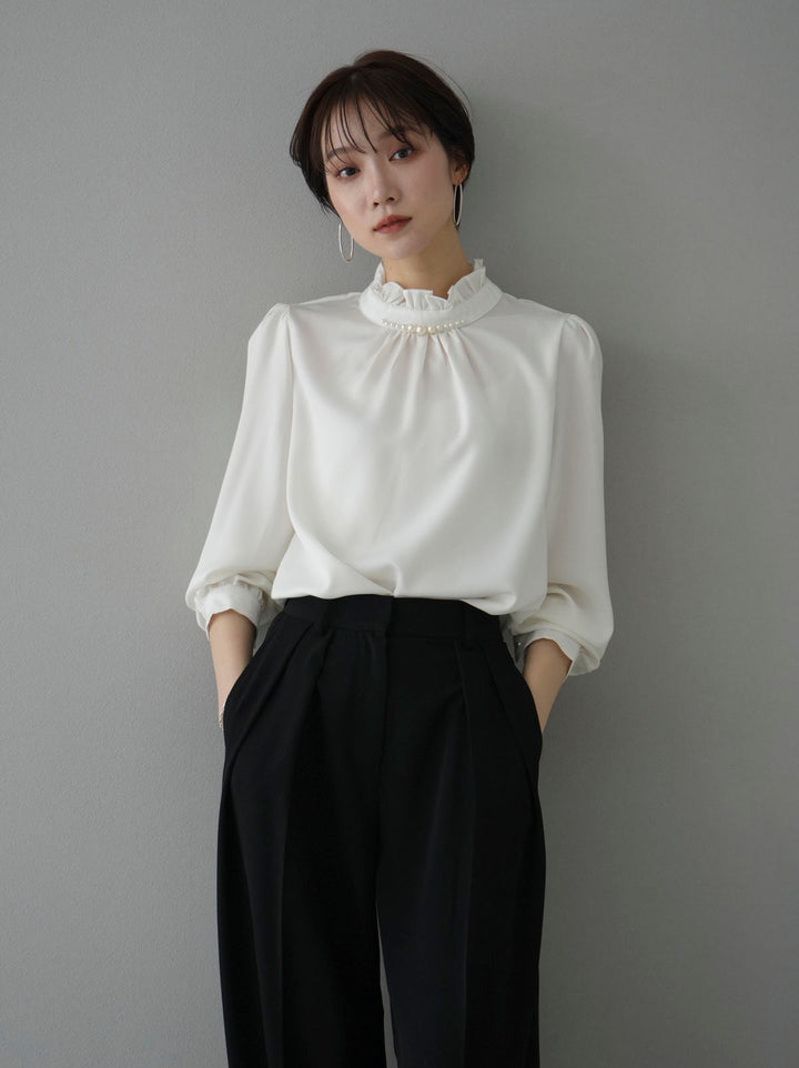 [SET] Pearl neck frill blouse + double tuck wide pants (2set)