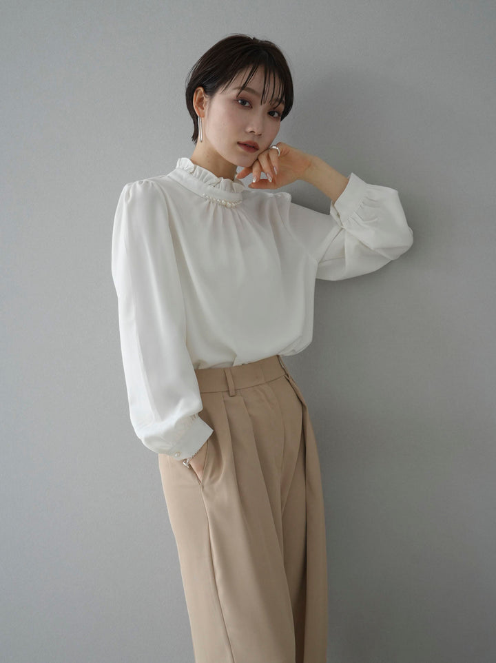 [SET] Pearl neck frill blouse + double tuck wide pants (2set)