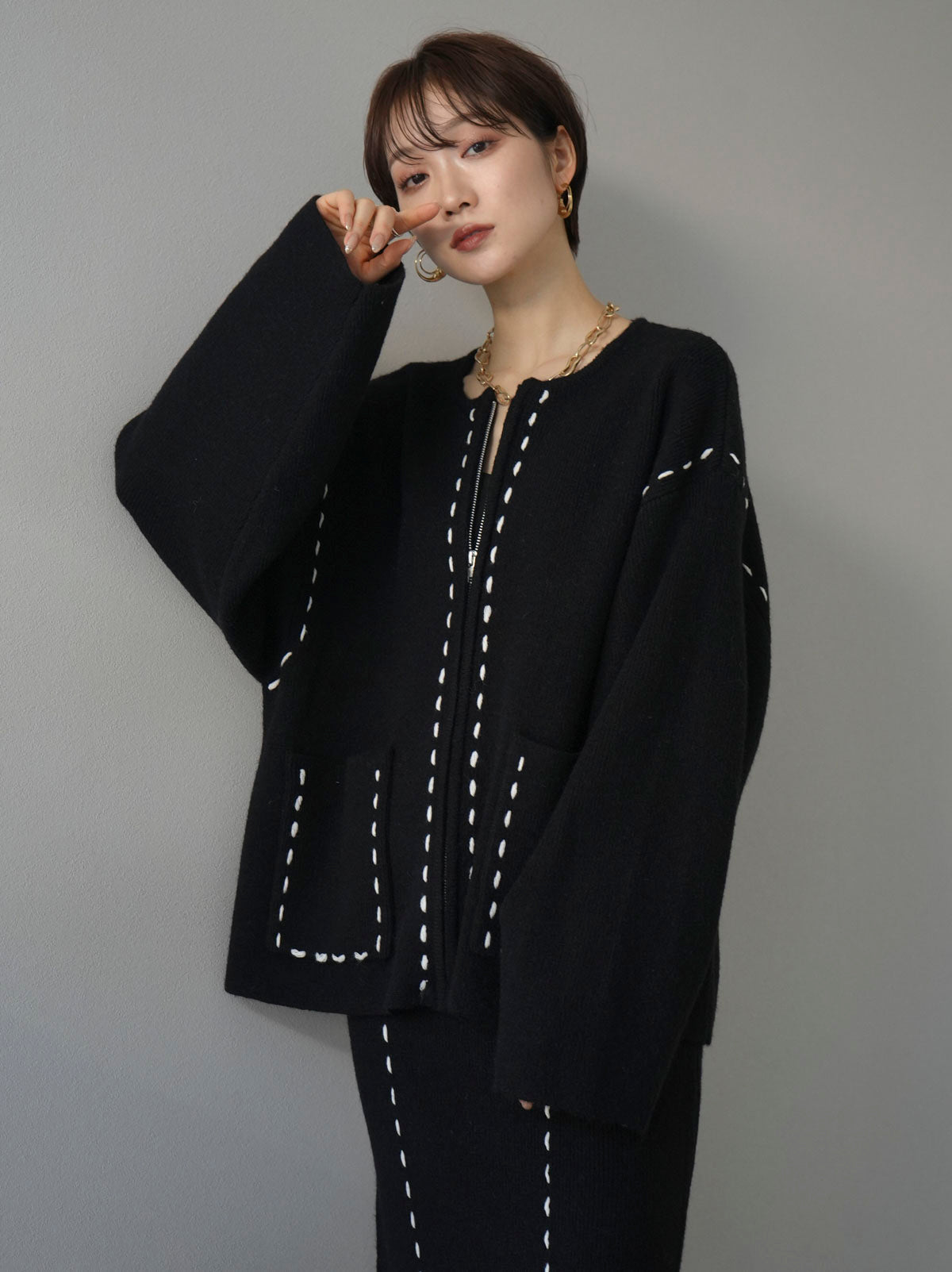 SET] Stitch embroidered zip knit cardigan + stitch embroidered