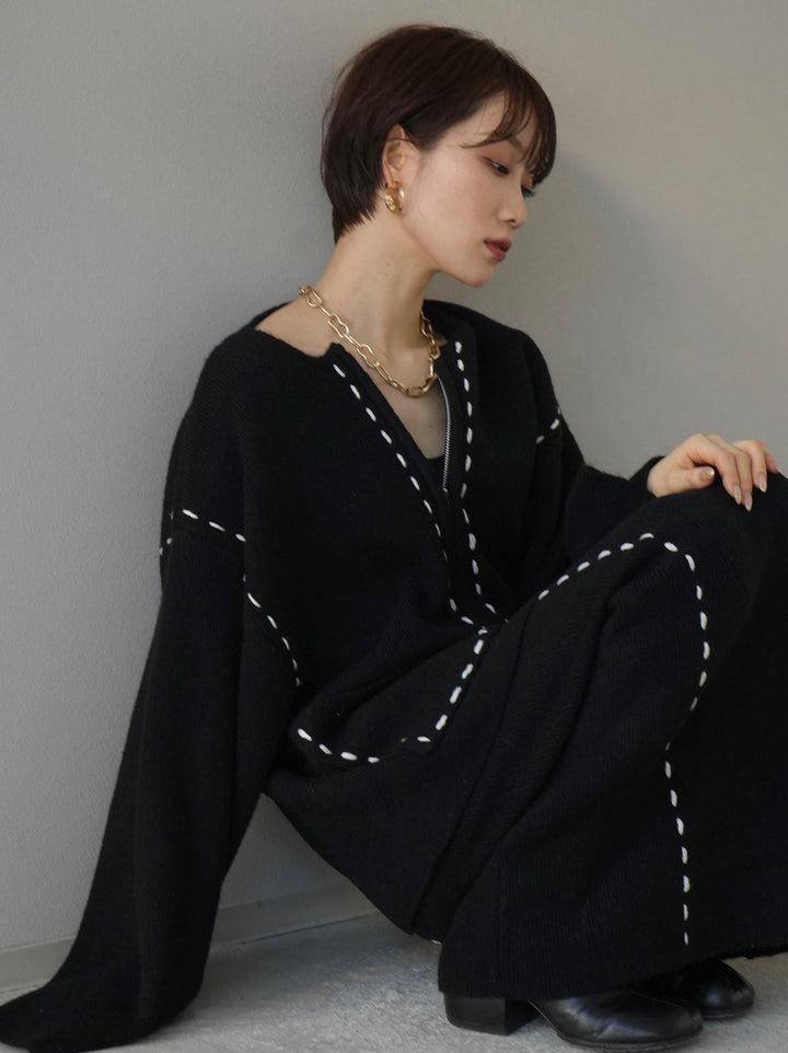 [SET]ステッチ刺繍ジップニットカーディガン+ステッチ刺繍ニットスカート(2set)
