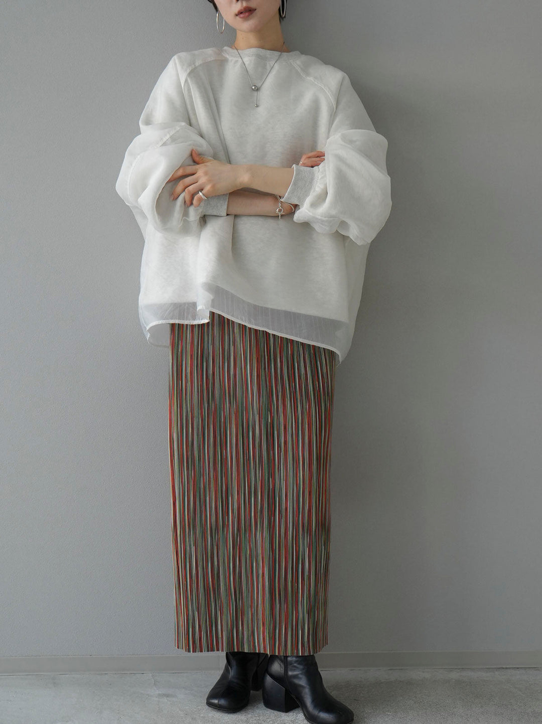 [SET] Sheer layered fleece sweatshirt pullover + multi-color I-line pleated skirt (2 sets)