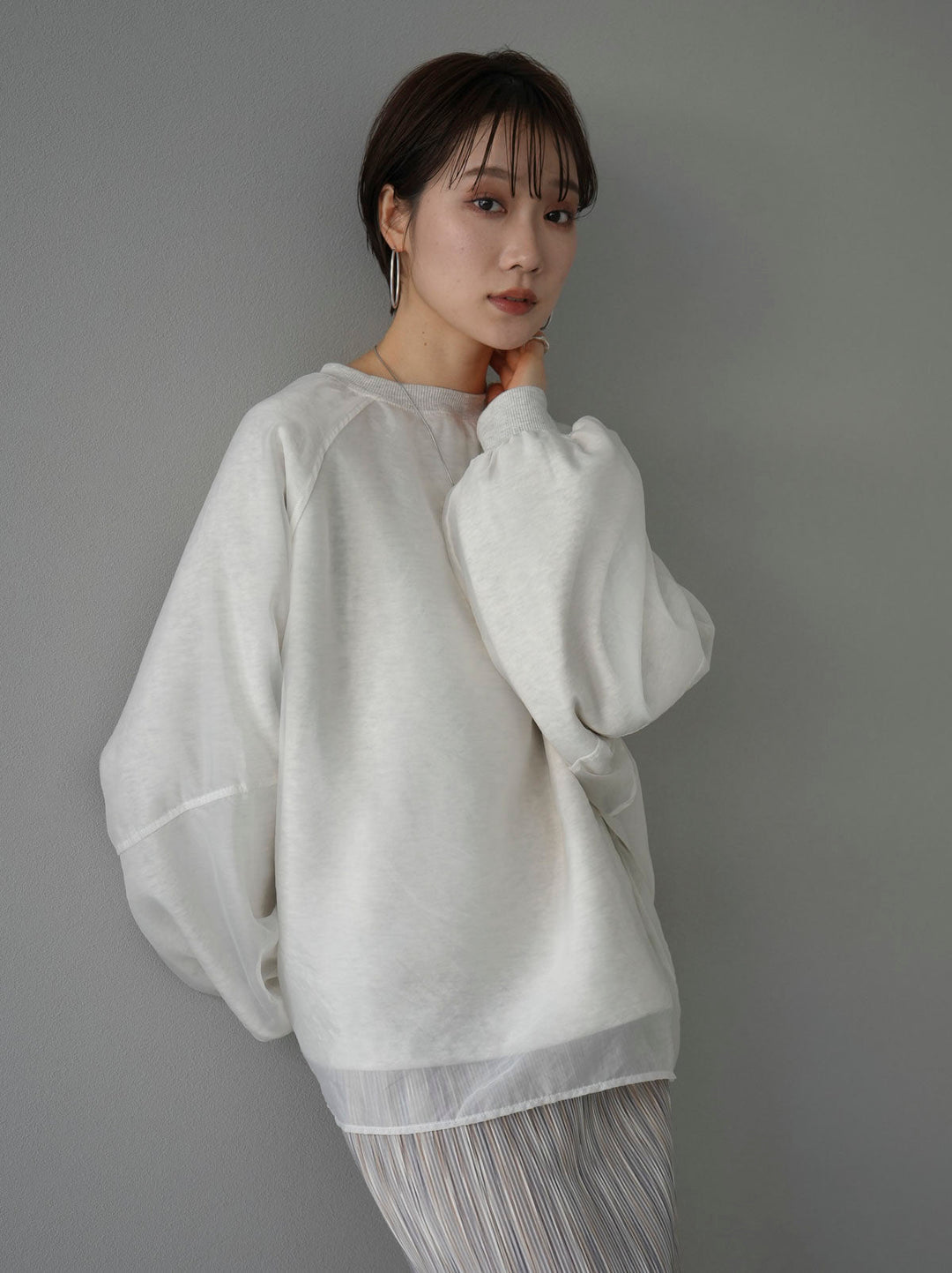 [SET] Sheer layered fleece sweatshirt pullover + multi-color I-line pleated skirt (2 sets)