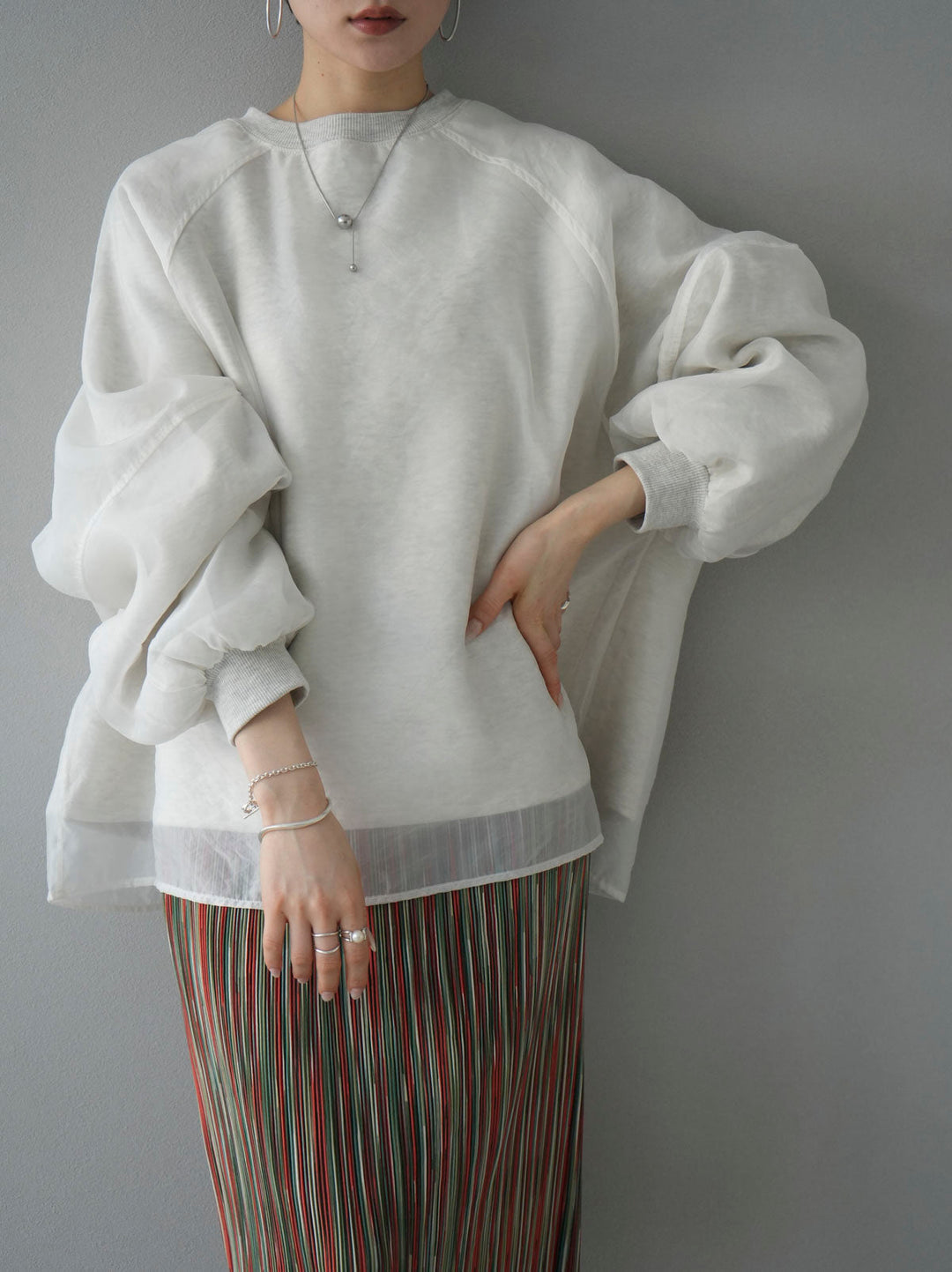 [SET] Sheer layered fleece sweatshirt pullover + multi-color I-line pleated skirt (2 sets)