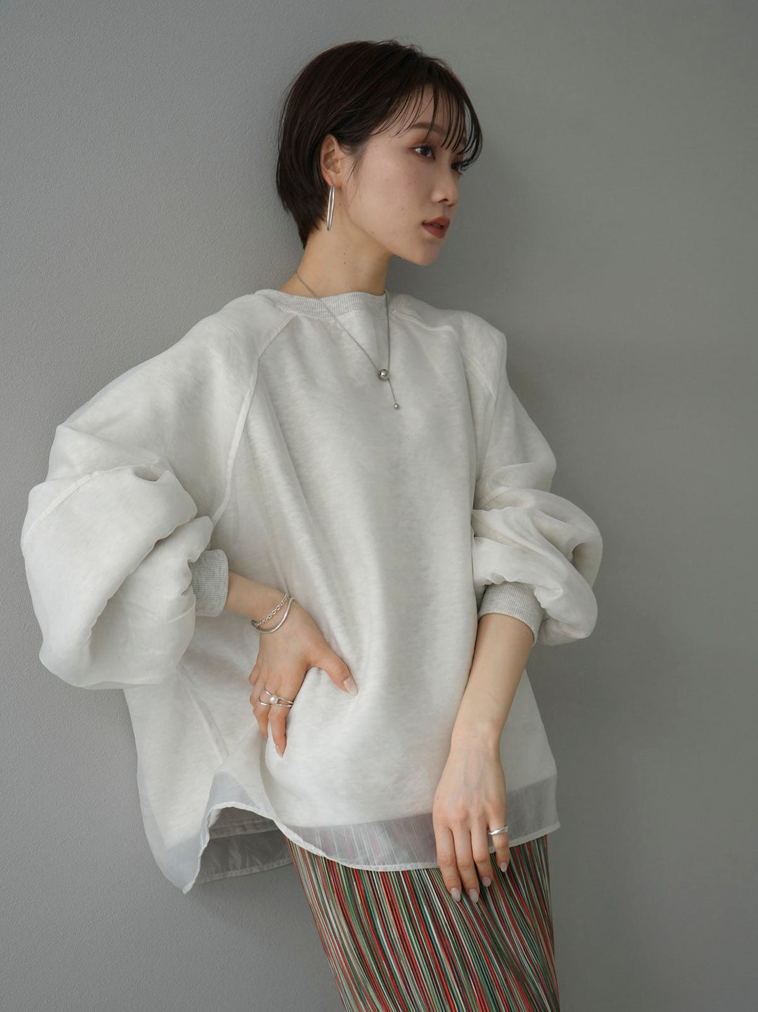 [SET] Sheer layered fleece sweatshirt pullover + multi-color I-line pleated skirt (2 sets)