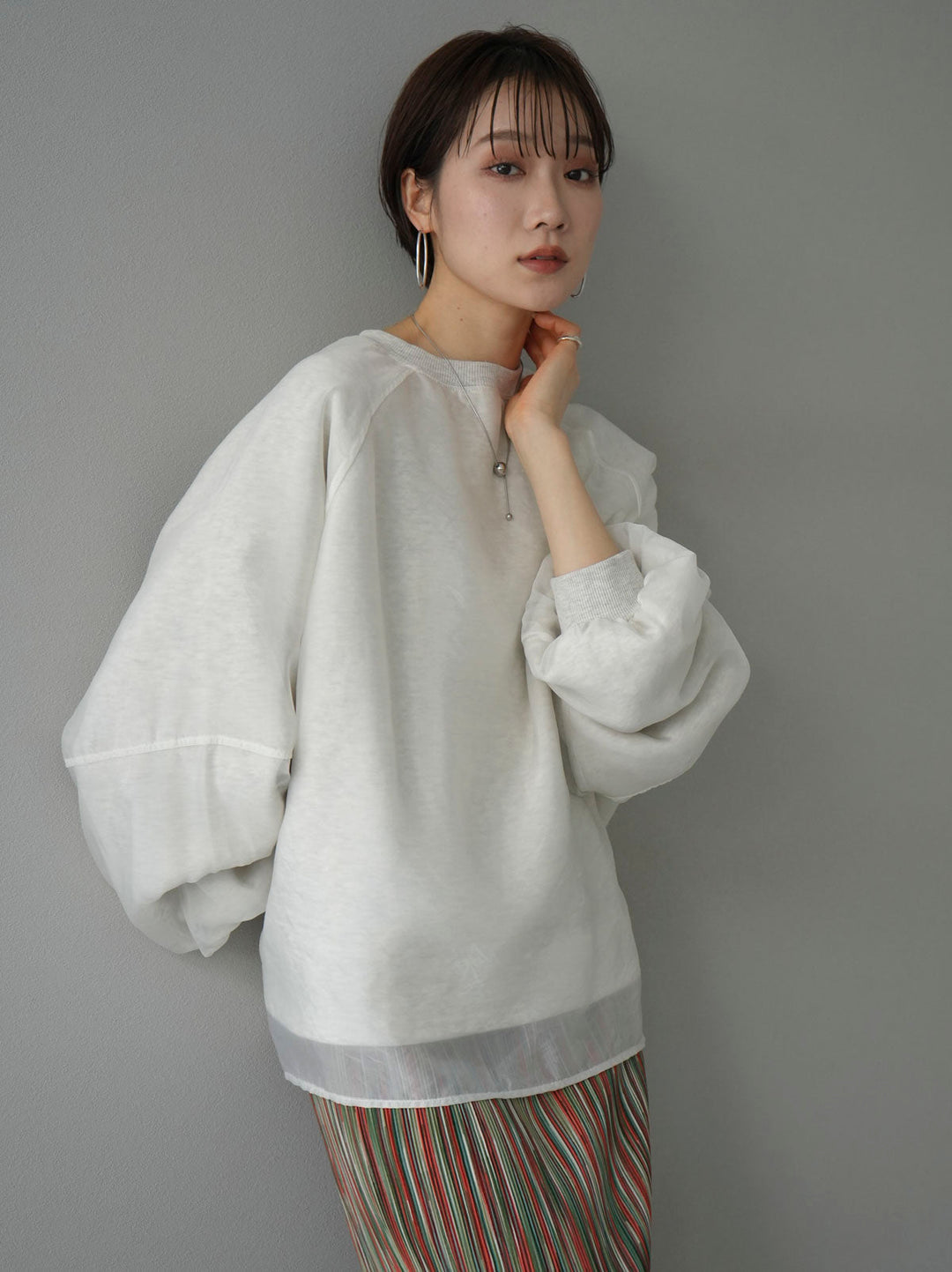 [SET] Sheer layered fleece sweatshirt pullover + multi-color I-line pleated skirt (2 sets)