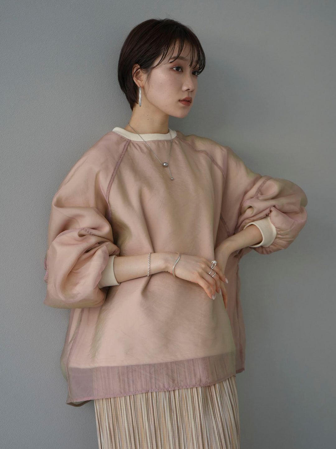 [SET] Sheer layered fleece sweatshirt pullover + multi-color I-line pleated skirt (2 sets)