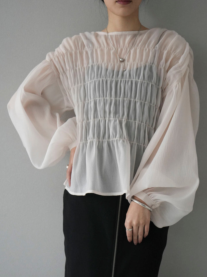 [SET] Shirring washer sheer blouse + front zip knit tight skirt (2set)