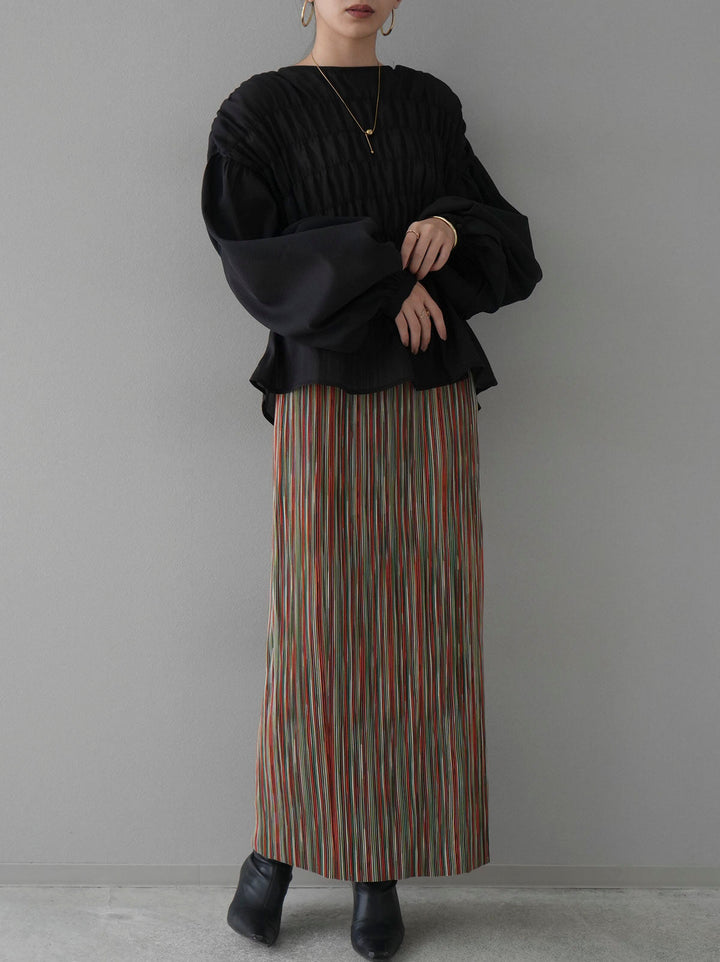 [SET] Shirring washer sheer blouse + multi-color I-line pleated skirt (2set)