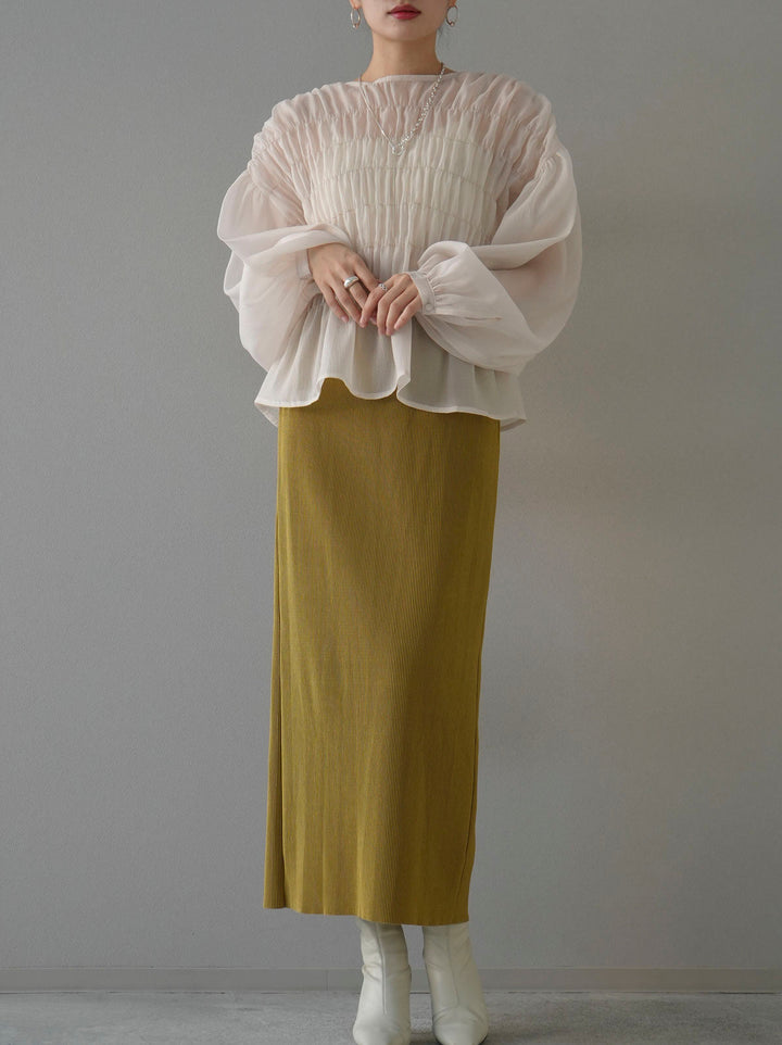 [SET] Shirring washer sheer blouse + I-line pleated skirt (2set)