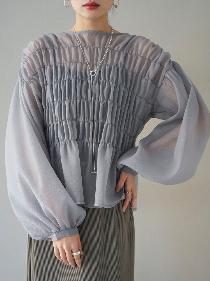 [SET] Shirring washer sheer blouse + I-line pleated skirt (2set)