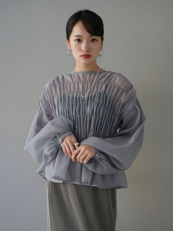 [SET] Shirring washer sheer blouse + I-line pleated skirt (2set)