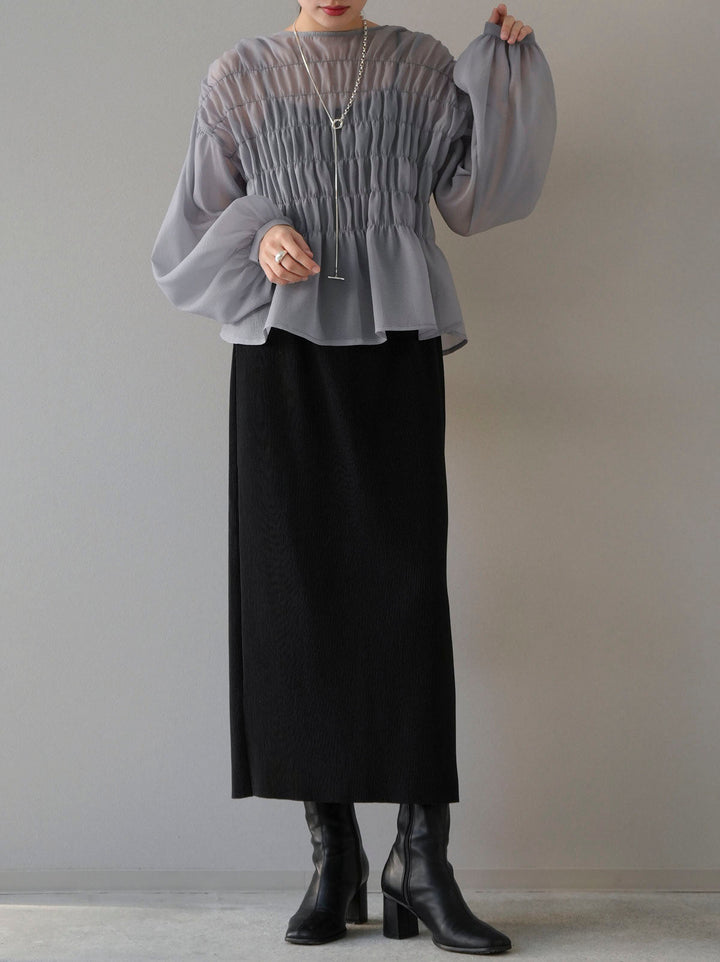 [SET] Shirring washer sheer blouse + I-line pleated skirt (2set)