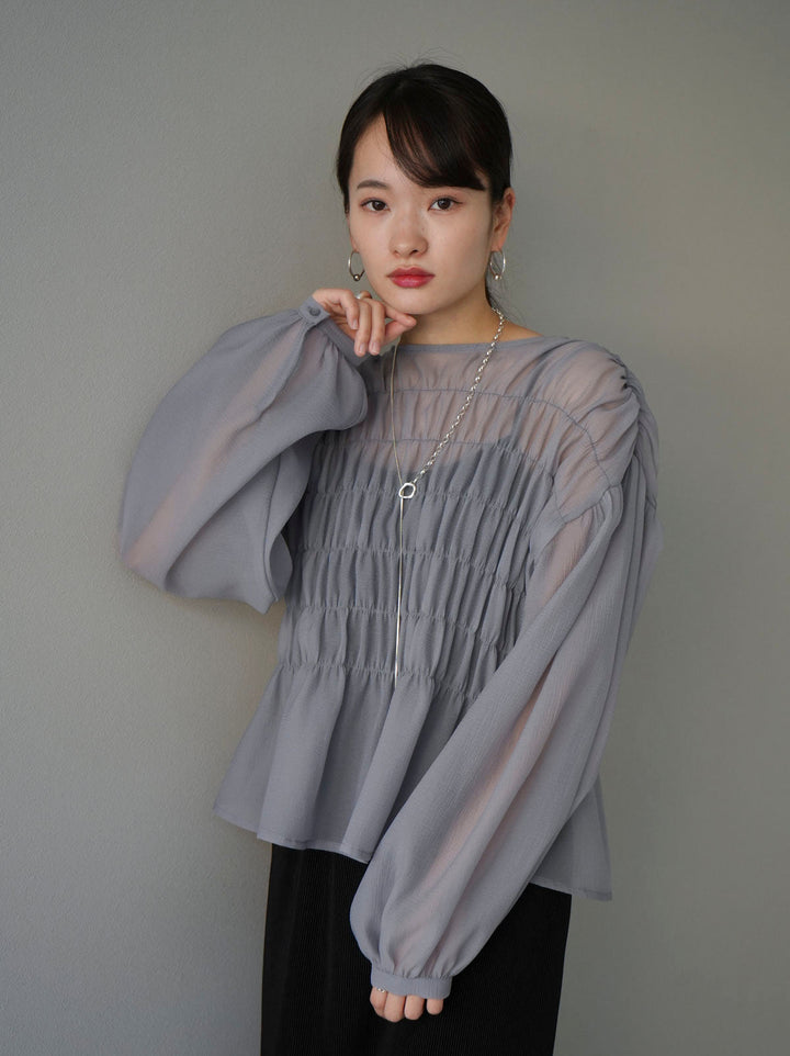 [SET] Shirring washer sheer blouse + I-line pleated skirt (2set)