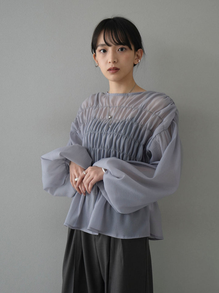 [SET] Shirring washer sheer blouse + design tuck wide pants (2set)