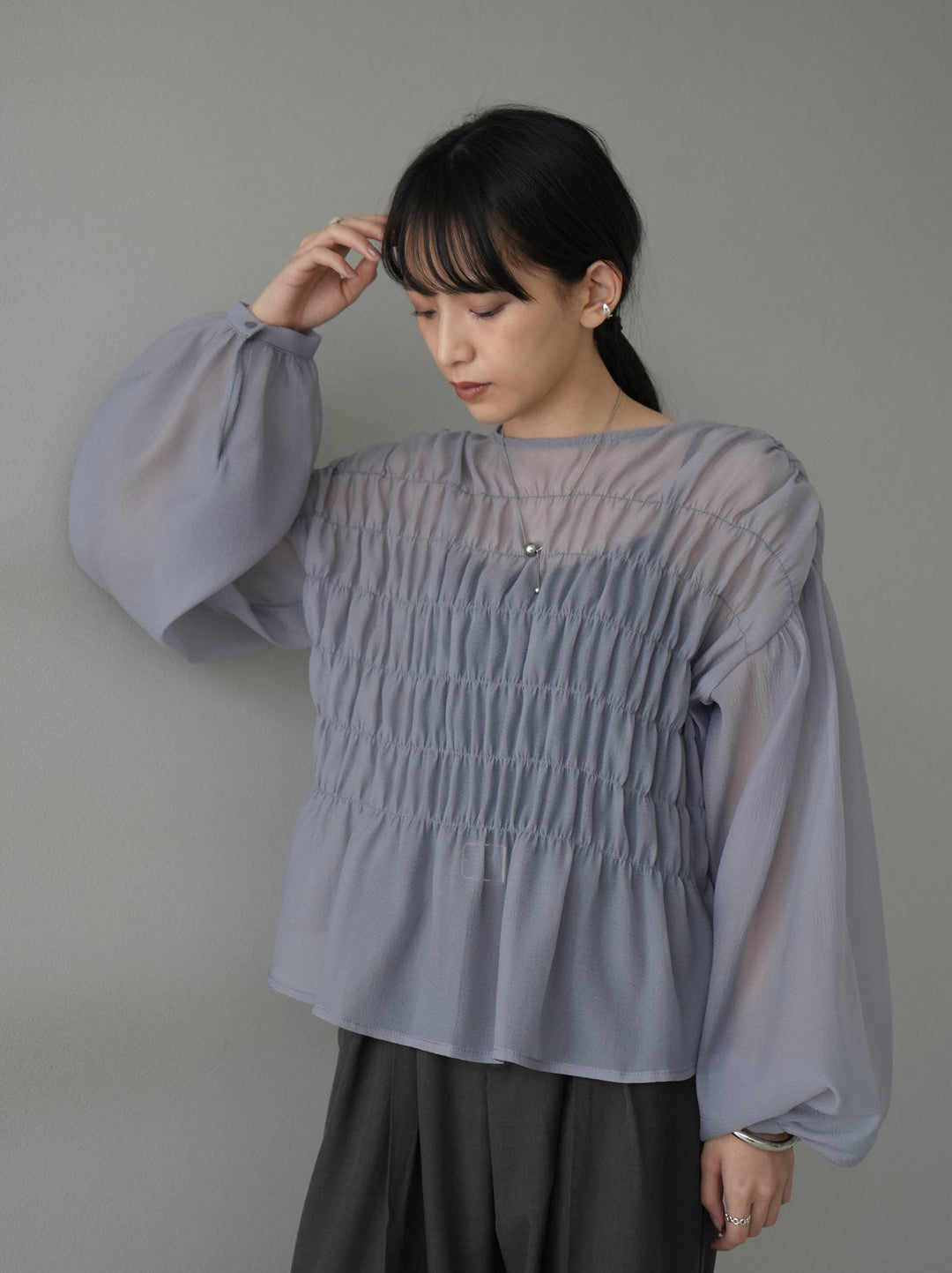 [SET] Shirring washer sheer blouse + design tuck wide pants (2set)